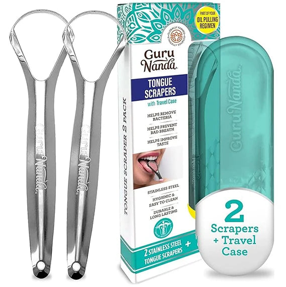 GuruNanda Tongue Scraper for Adults (2 Pack) with Travel Case