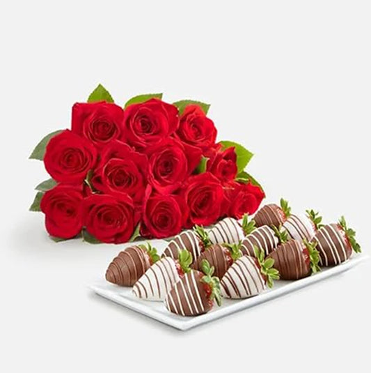 Shari’s Berries 12 Classic Red Roses & 12 Chocolate Covered Strawberries Gift Set | Flower & Chocolate Gift Delivery
