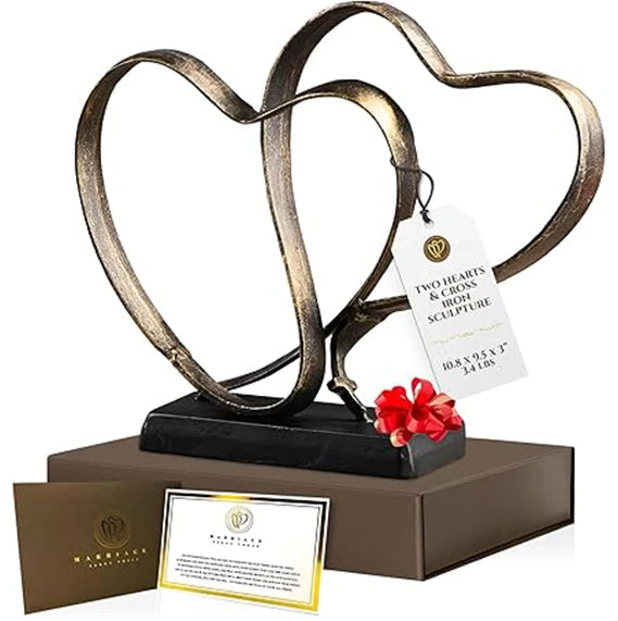 Wedding Anniversary Couples Gift - Two Hearts and Cross Iron Sculpture